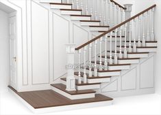 a white staircase with wooden handrails and balconies in an empty room