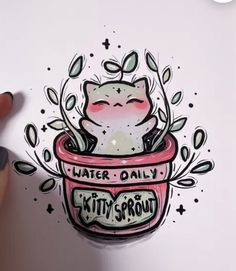 a drawing of a cat in a pot that says water daily with sprout