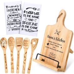 personalized wooden utensils and cutting board with names on each side for serving guests