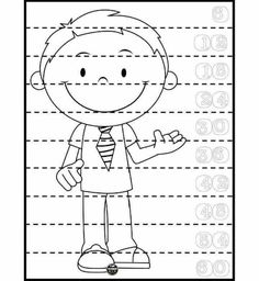 a boy in a tie with lines on the paper to cut out his name and numbers