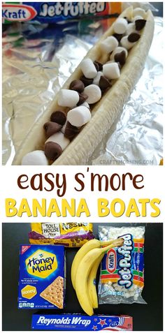 bananas, marshmallows, and s'mores on a banana boat