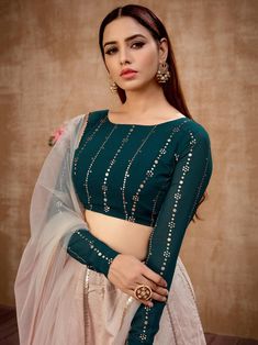 Lehenga Designs Simple, Gaun Fashion, Green Lehenga, Pushing Boundaries, Beige Art, Choli Designs, Elegant Blouse Designs