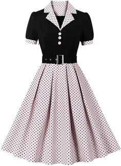 Women's Lapel V Neck Plaid Pocket 1940s 1950s Vintage Swing Dress 1950 Housewife Dress, 1950s Housewife Fashion, 1950 Housewife, Housewife Fashion, Housewife Dress, 1950s Housewife, Spotted Dress, Dress With Belt, 1940s Fashion