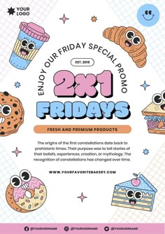 a flyer for the 21st friday special event, with cartoon characters and food on it