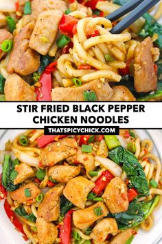 Stir-Fried Black Pepper Chicken Noodles are quick and easy to make in under 30 minutes and full of the BEST spicy, savory and sweet flavors with a hint of tang! Tender chicken, fragrant garlic and chilies, colorful veggies, chewy and bouncy noodles get tossed in an irresistible sauce to make this mouthwatering weeknight meal! #noodles #stirfry #blackpeppersauce #spicy #easyrecipes #weeknight #udon #stirfriednoodles #dinner #highproteinmeals #chickennoodles | That Spicy Chick Vinegar Chicken, Colorful Veggies, Black Pepper Chicken, Chicke Recipes, Chicken Noodles, Pepper Chicken, Chicken Stuffed Peppers