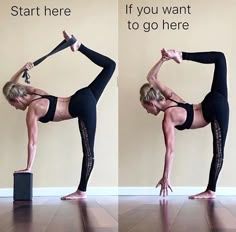 a woman doing a yoga pose with her hands in the air and one leg up