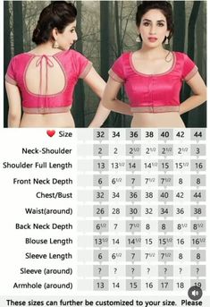 a woman wearing a pink blouse and measurements chart for her breast size, from the waist up