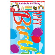 rainbow birthday banner with balloons and streamers