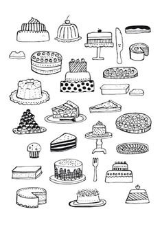 a bunch of different types of cakes on a white background, hand drawn in black and white