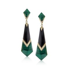 Ross-Simons - Onyx, Malachite Drop Earrings, .46ct t. w. Diamonds in 14kt Yellow Gold. These elegant and unique drop earrings capture the opulence of richly hued gems. Features 26x10mm hexagonal onyx, 20x16mm hexagonal malachite, 12x10mm kite-shaped malachite tops and the bright sparkle of .46 ct. t. w. round brilliant-cut diamonds. Set in polished 14kt yellow gold. Hanging length is 2 3/8". Post/clutch, onyx, malachite and diamond drop earrings. Gold Art Deco Earrings, Unique Drop Earrings, Plastic Necklace, 1920s Jewelry, Earrings Diamonds, Shiny Rings, Jewellery Design Sketches, Long Earring, Green Gem