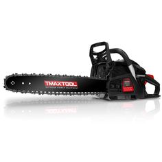 a black and red chainsaw sitting on top of a white surface