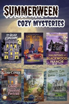 the front cover of halloween cozy mystery books, with an image of a house in the background