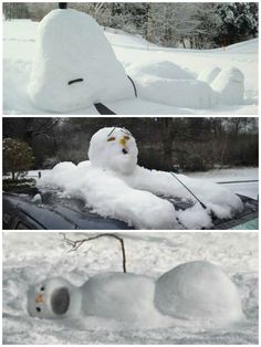 the snowman is sitting on top of the car in the snow and it looks like he has fallen