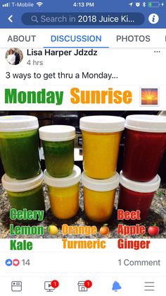 an iphone photo with the words monday sunrise and four cups of juice in each cup