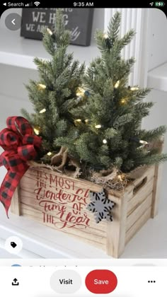 a small christmas tree in a wooden crate