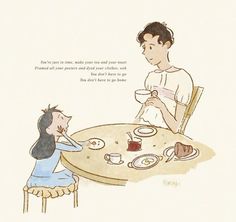 an illustration of a woman sitting at a table talking to a child who is eating