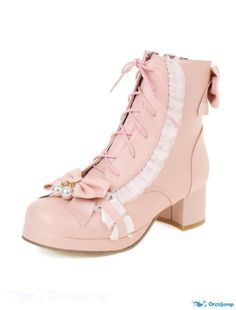 OrcaJump - Chaussures Lolita pour Femmes, Bout de Nœud à Talon Galbé et Bout Carré, Cu Pink 2023, Fall Heels, Chunky Heel Ankle Boots, Christmas Leggings, Rosy Pink, Heel Ankle Boots, Casual Heels, Lace Bows, Thick Heels