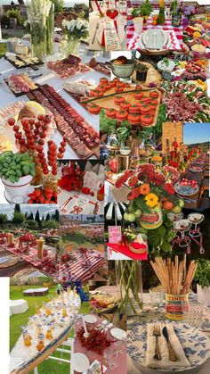 a collage of pictures with different foods and flowers on them, including strawberries