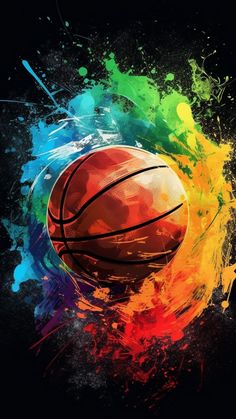 a basketball with colorful paint splatters on it