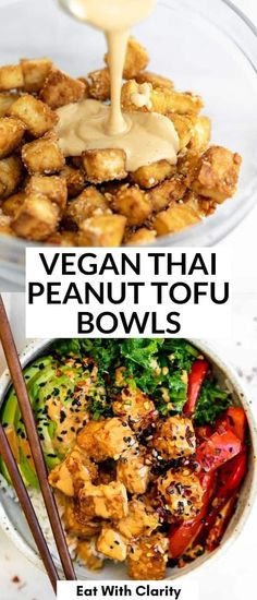 vegan thai peanut tofu bowls with chopsticks and sauce on the side