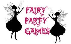 the fairy party games logo is shown in black and pink letters on a white background