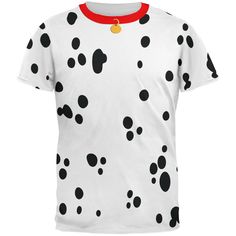 a white t - shirt with black spots on the front and blue collar around it