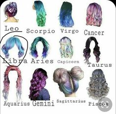 an image of zodiac signs with different hair colors and names on them, including libra aries capricorn taurus aquarius sagitrats piscis