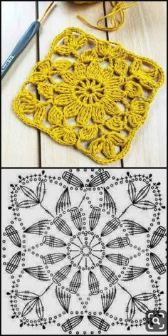 crocheted doily is shown in three different colors, including yellow and white