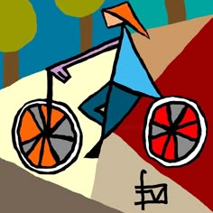 a painting of a person riding a bike with trees in the background and an orange wheel on the front