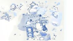 an image of blue and white wallpaper with pictures