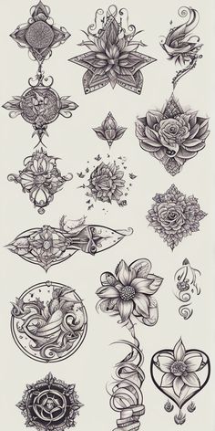 a bunch of tattoos that are on the back of a sheet of paper with flowers and hearts