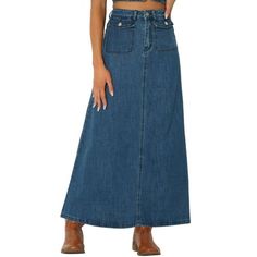 Women's Denim Maxi Skirts Casual High Waisted Flap Pocket A-Line Jean Skirt. This jean skirt feature a classic denim fabric with a flattering drape and flow to enhance your silhouette. The flap pockets add a trendy and functional element to the skirt, providing extra storage space while adding visual interest. The basic design create a playful casual yet stylish look, a must-have in any woman's wardrobe. Pair it with a fitted blouse and heels for a chic and sophisticated look, or go for a more c High Waist Solid Denim Skirt, High-waisted Denim Skirt, Solid High-waist Denim Skirt, Full-length Denim Blue Maxi Skirt, Medium Wash Denim Maxi Skirt Straight Leg, Medium Wash Straight Leg Denim Maxi Skirt, Medium Wash Denim Maxi Skirt, Spring Straight Leg Maxi Skirt With Pockets, Spring Straight-leg Maxi Skirt With Pockets