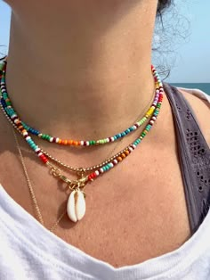 Rainbow Beaded Necklace, Anting Manik, Seed Bead Choker, Beads Choker, Indie Jewelry, Cowrie Shells, Bead Choker