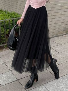 Solid Mesh Overlay Skirt Black Casual   Fabric Plain Flared Non-Stretch  Women Clothing, size features are:Bust: ,Length: ,Sleeve Length: Long Mesh Skirt Outfits, Black Mesh Skirt Outfit, Mesh Skirt Outfit, Black Mesh Skirt, Net Skirt, Tulle Long Skirt, Overlay Skirt, Women Skirts, Christmas Outfits