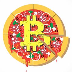 a bitcoin cut in half on top of a pizza with sauce and toppings