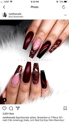 Beige And Burgundy Nails, Burgandy Coffin Acrylic Nails, Burgundy Nail Designs Coffin, Burgundy And Gold Nails Acrylic, Nail Art With Gems, Burgundy And Gold Nails, Burgundy Fall Nails, Fall Acrylic Nails, Burgundy Nails