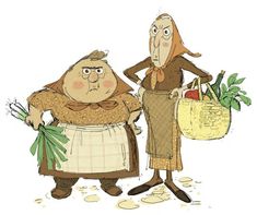 two cartoon characters are standing next to each other with vegetables in their hands and one is holding a shopping bag