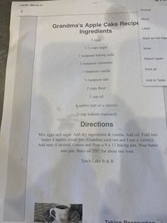 the menu for grandma's apple cake recipe includes instructions