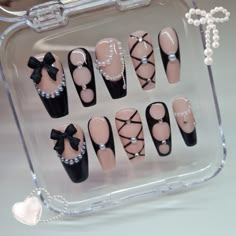 Hand painted black aesthetic press on nail set. The nails pictured are in the style medium coffin. As the nails are fully hand painted they can vary slightly but i will try my best to get them as accurate to the picture as i can, but no matter what they'll always look amazing!! All my press ons are sent in super cute packaging (of course)! The standard packaging is a recyclable nail card (seen in picture 3) that will hold your new set of nails, the option of a reusable compact (seen in picture 1 Black Detail Nails, Black Gothic Nails, Y2k Dark Aesthetic, Press On Nails Packaging, Corset Nails, Nails Y2k, Medium Coffin, Fake Nails Designs, Indie Makeup