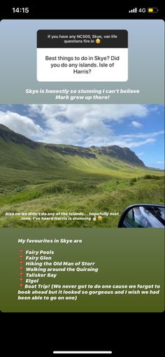 a cell phone with an image of mountains and hills in the background, text reads real things to do in skye?