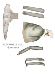 an illustrated drawing of different types of wings and claws on a white background with the caption azzraphale doll