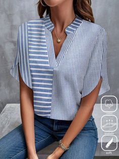 Come to Zolucky to buy Shirts at a discounted price, SPU: 2941SH4I0991, Color: Blue, Material:Cotton, Neckline:Notched. Half Sleeve Blouse, Summer Stripes, Vintage Blouse, Loose Shirts, Loose Blouse, Blouse Vintage, Casual Blouse, Amelie, Eminem