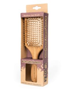 Brush with bamboo's hairbrush is a zero-waste alternative to hairbrushes made with synthetic materials. It has a natural and luxurious feel and functions exactly like conventional hairbrushes. The Bamboo Hair Brush is resistant to water damage. However, excessive water exposure should be avoided. If the brush becomes wet, we recommend using a towel to wipe it dry. When properly cared for, this hairbrush can last for decades. Materials Brush pins are pure bamboo Cushion base is natural rubber Bam Hair Brush Packaging, Bamboo Hairbrush, Eco Makeup, Bamboo Hair Brush, Tea Lounge, Future Shop, Wooden Paddle, Bamboo Brush, Wooden Brush