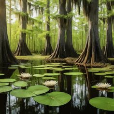 the water is full of lily pads and trees with moss growing on them in this swampy area