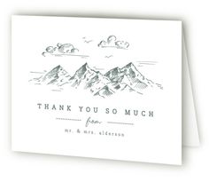 a thank card with the words, thank you so much and mountains in black ink