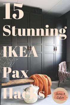 a room with black cabinets and a bench in the middle that says 15 stunning ikea pax hacks