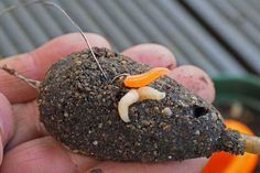 a hand holding a piece of food that looks like an animal with carrots on it