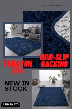 an advertisement for rugs and carpeting with images of the same area in blue