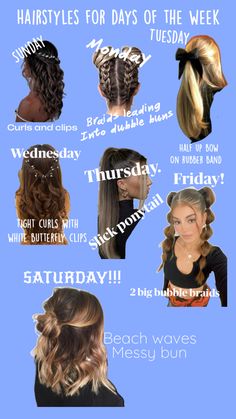 different types of hair are shown in this graphic style, with the words hairstyles for days of the week on them