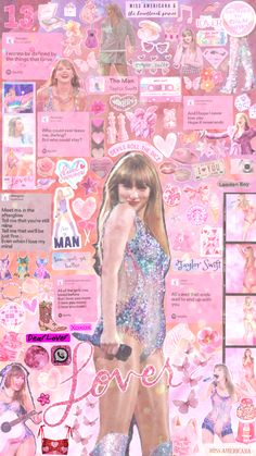 a collage of many different pictures and words on pink paper with images of women in the background